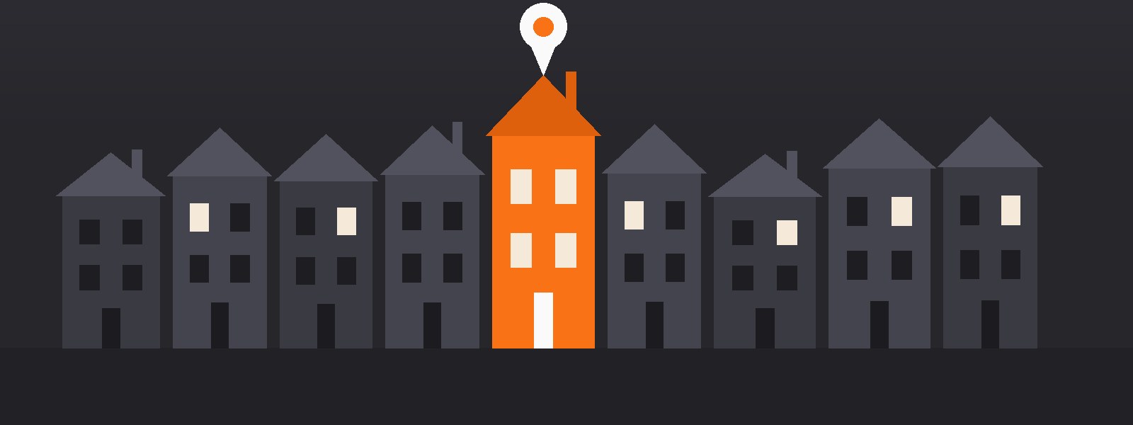 A stylised terrace of houses with one picked out in orange beneath a white location pin, on a dark charcoal background