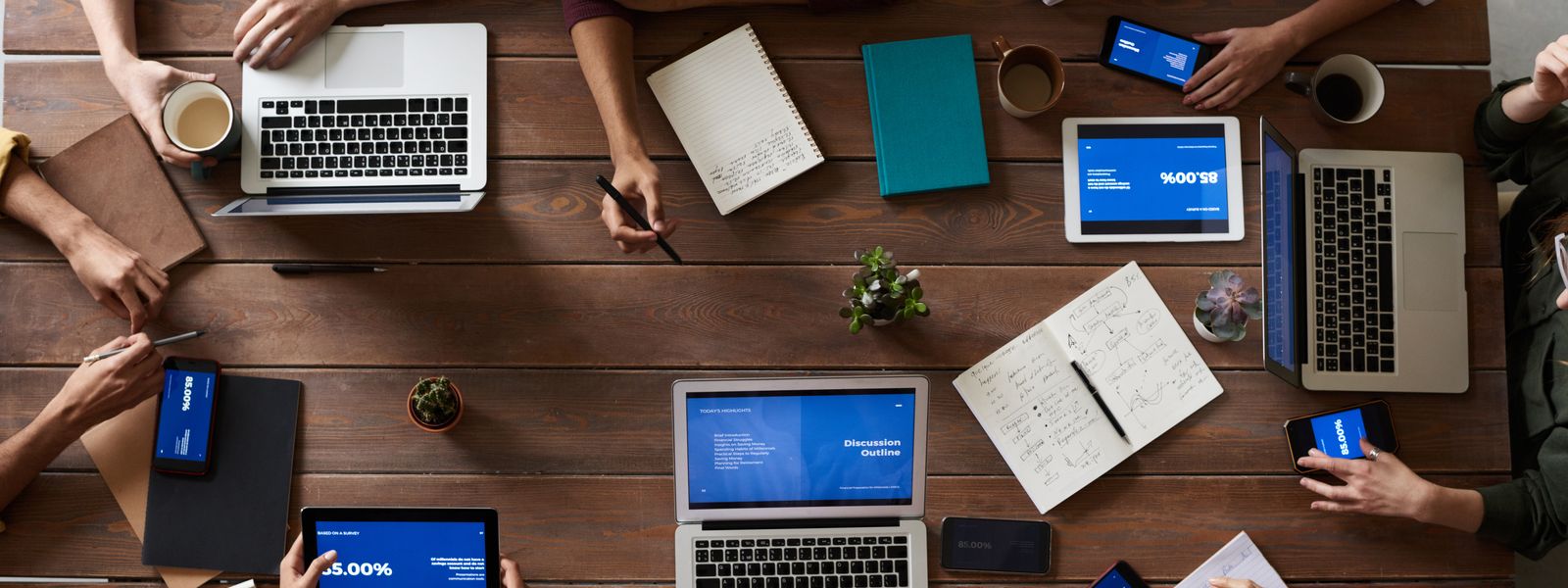 Overhead view of a team meeting around a table with laptops, notebooks and coffee cups