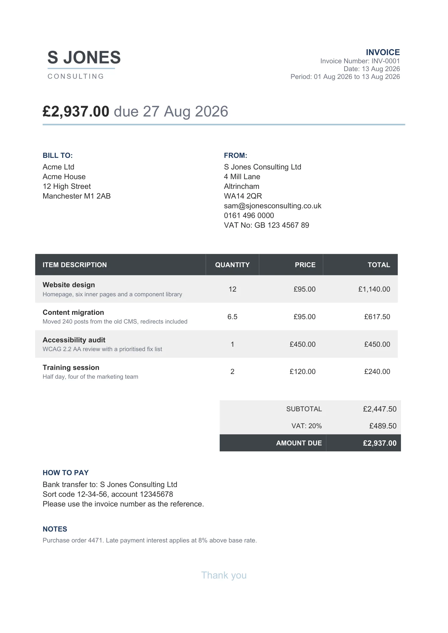 A finished PDF invoice from the generator: the business logo and the amount due with its payment date at the top, then the client and supplier addresses, itemised lines with quantities and prices, the VAT breakdown and the payment details.