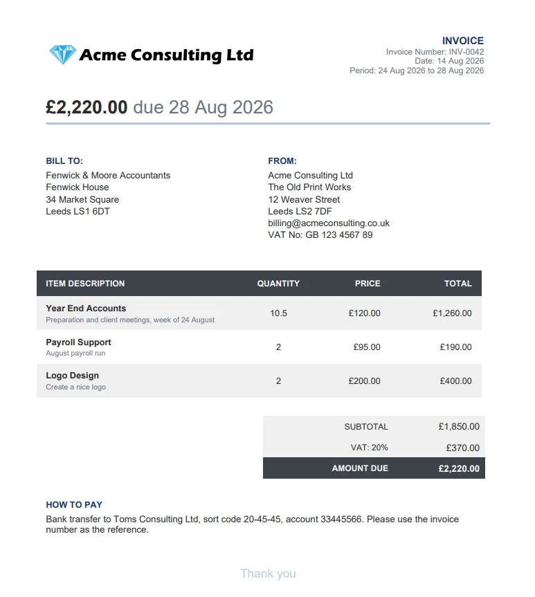 A finished PDF invoice made with the free generator, with the amount due and payment date at the top